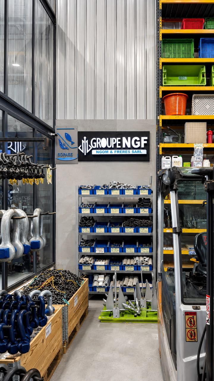 Magasin libre-service du Groupe NGF, manilles, ancres, chaînes et quincaillerie marine en rayon